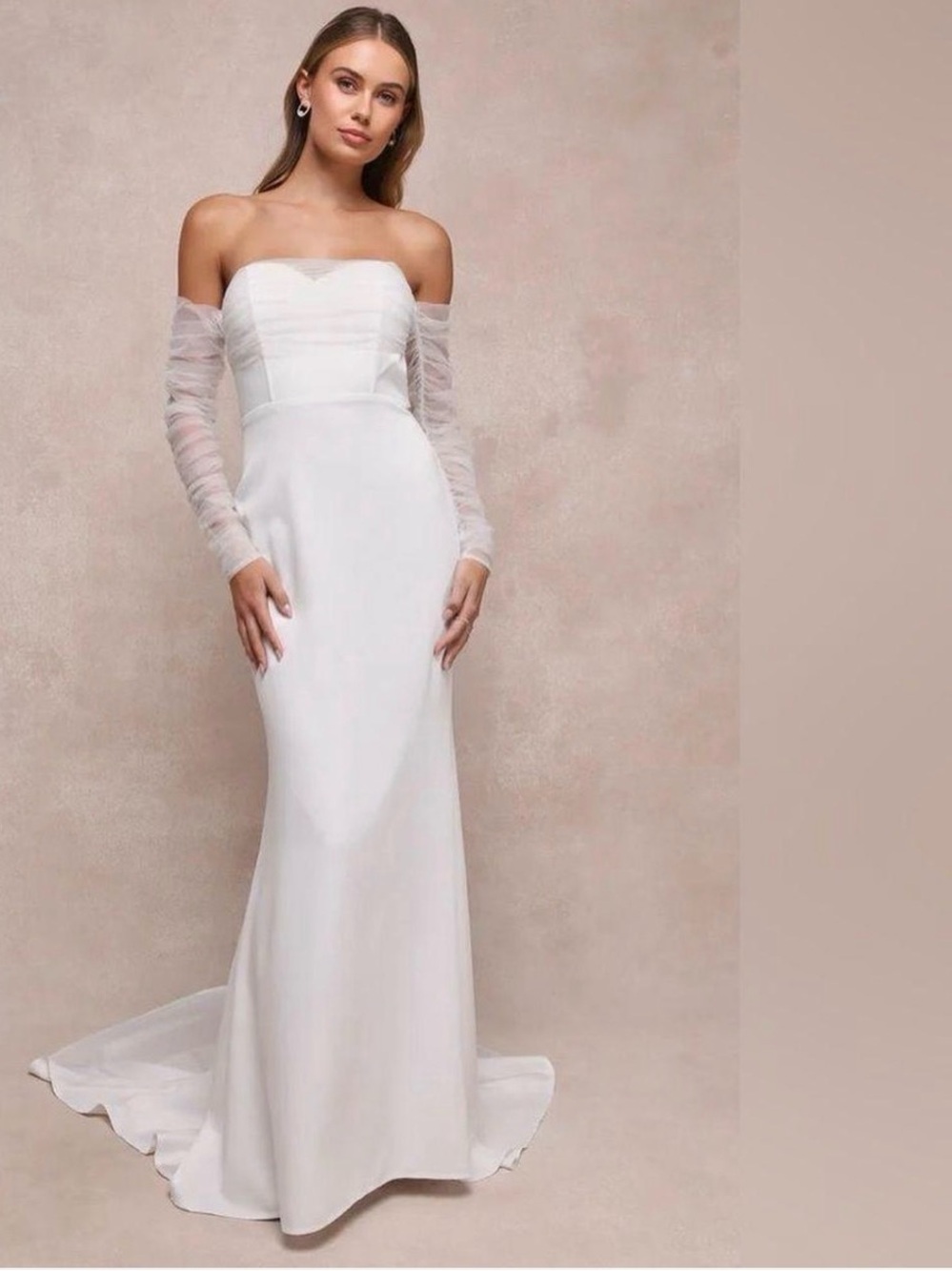 NWT Lulus Eternal Bliss White Tulle Off-the-Shoulder Bustier Maxi Dress Large